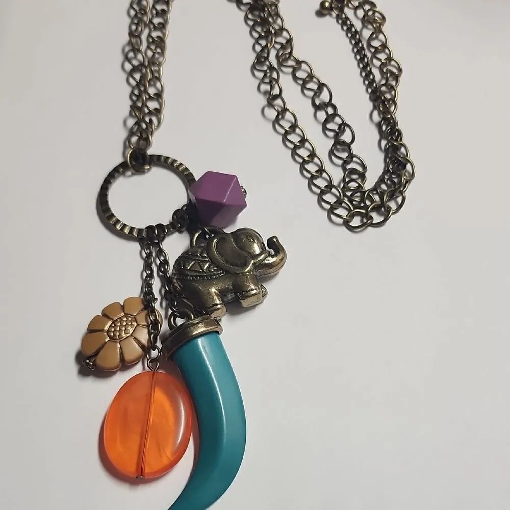 Elephant Charm Necklace with Orange and Teal Accents